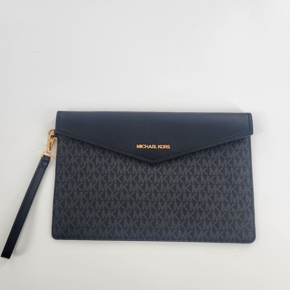 Michael Kors Signature Maisie Large Clutch Leather Envelope Flap Black - Picture 1 of 6